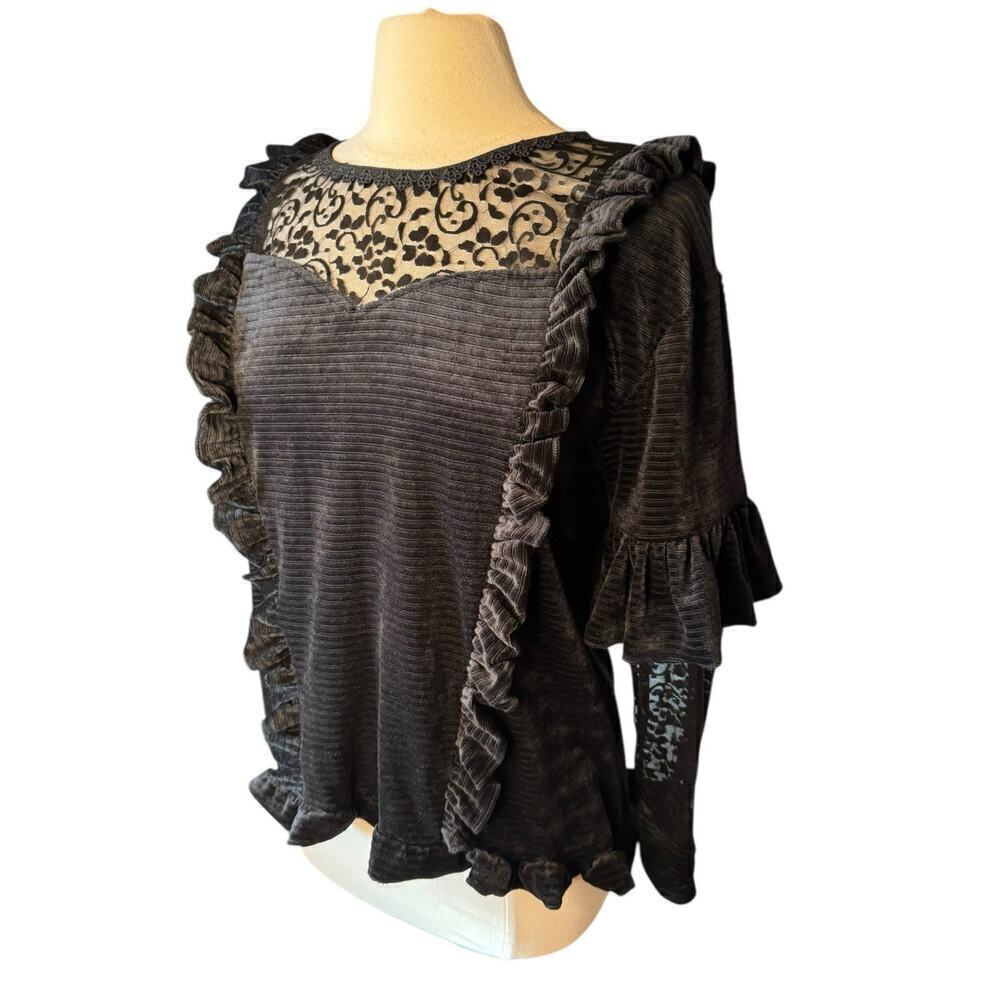 POL NEW Black Velvet Lace Victorian Style Top Small Ruffles Cosplay Whimsy Goth